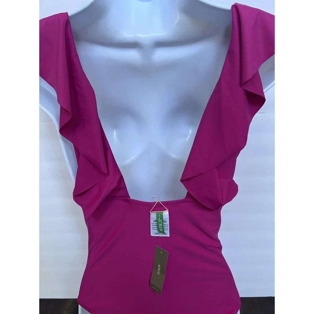 J.Crew Ruched Ruffle Size 8 One Piece Swimsuit Radiant Fuchsia Vacation Resort - Picture 3 of 11